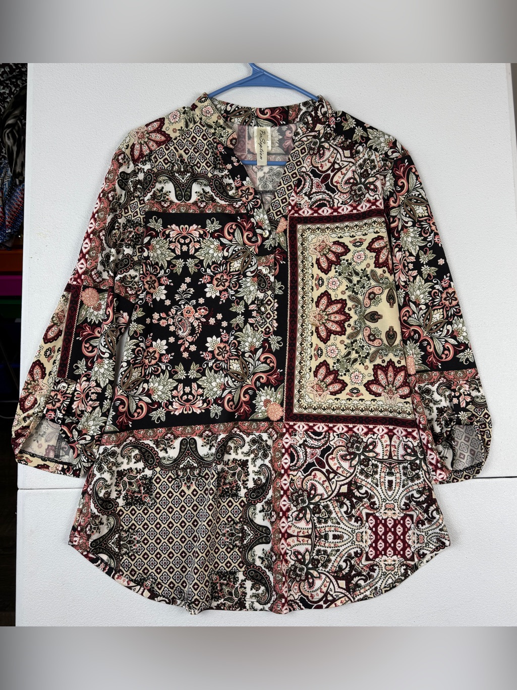 Per Seption Concept Top Womens L Large Maroon Black Beige Floral 3/4 Sleeve